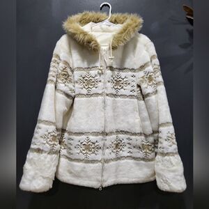 Guide Gear Faux Fur Plush Nuetral Tan White Sz L Hooded Coat